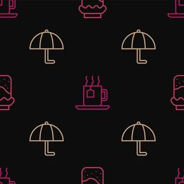 Set line Jam jar, Umbrella and Cup of tea with tea bag on seamless pattern イラスト素材