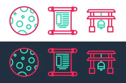 Set line Japan Gate, Moon and Decree, paper, parchment, scroll icon. Vector Illustrazione stock