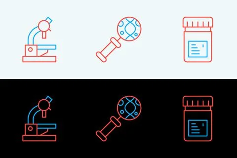 Set line Jar with additives, Microscope and DNA research, search icon. Vector Stock Illustration