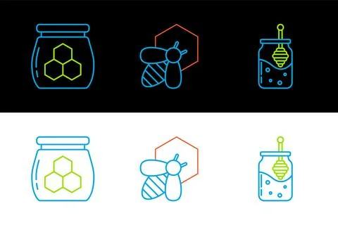 Set line Jar of honey and honey dipper stick,  and Bee honeycomb icon. Vector Stock Illustration