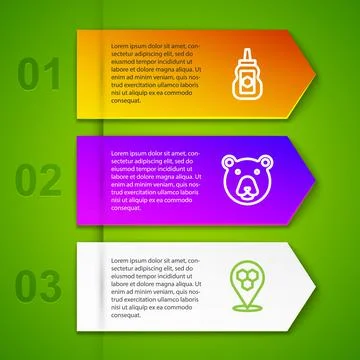 Set line Jar of honey, Bear head and Honeycomb bee location. Business Ilustração Stock