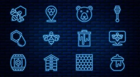 Set line Jar of honey, Bee, Bear head, Honeycomb, and honeycomb, and bee Ilustração Stock
