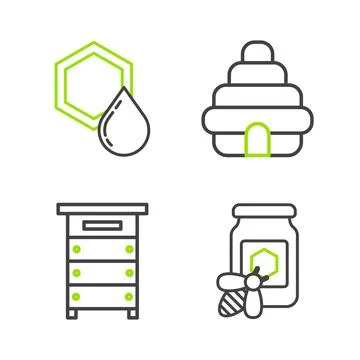 Set line Jar of honey with bee, Hive for bees, and Honeycomb icon. Vector Stock Illustration