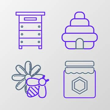 Set line Jar of honey, Bee and flower, Hive for bees and  icon. Vector Stock Illustration