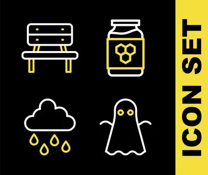 Set line Jar of honey, Ghost, Cloud with rain and Bench icon. Vector Ilustração Stock