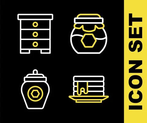 Set line Jar of honey, Stack pancakes, and Hive for bees icon. Vector 库存插图
