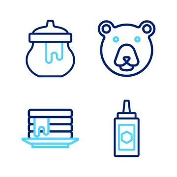 Set line Jar of honey, Stack pancakes, Bear head and  icon. Vector Stock Illustration