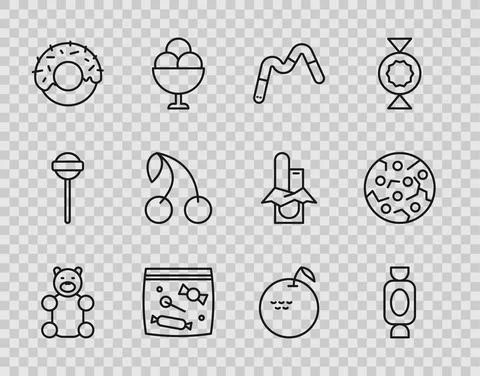 Set line Jelly bear candy, Candy, worms, packaging for sweets, Donut, Cherry Stock Illustration