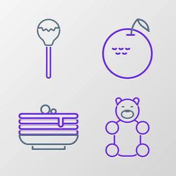 Set line Jelly bear candy, Stack of pancakes, Apple and Lollipop icon. Vector 스톡 일러스트