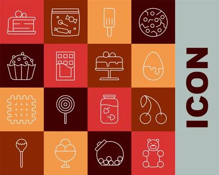 Set line Jelly bear candy, Cherry, Chocolate egg, Ice cream, bar, Cupcake, .. Stock Illustration