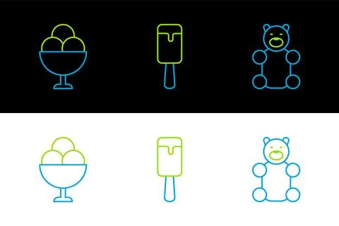 Set line Jelly bear candy, Ice cream in bowl and  icon. Vector Stock Illustration