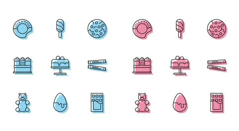 Set line Jelly bear candy, Chocolate egg, Donut, bar, Cake plate, Sugar sti.. Stock Illustration