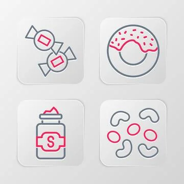 Set line Jelly candy, Jar of sugar, Donut and Candy icon. Vector Stock Illustration
