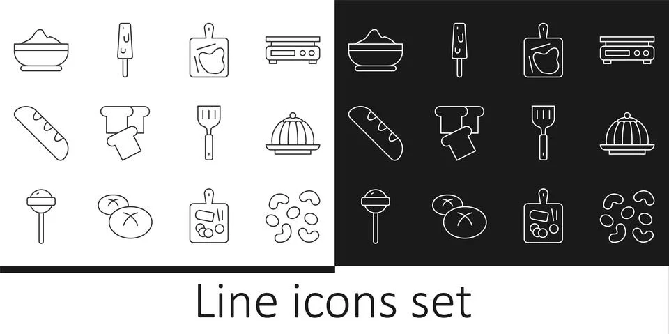 Set line Jelly candy, Pudding custard, Cutting board, Bread toast, French Stock Illustration