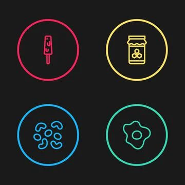 Set line Jelly candy, Scrambled eggs, Jar of honey and Ice cream icon. Vector Stock Illustration