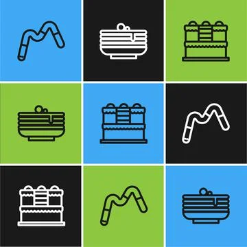 Set line Jelly worms candy, Cake and Stack of pancakes icon. Vector Stock Illustration