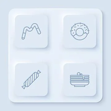 Set line Jelly worms candy, Donut, Candy and Stack of pancakes. White square Stock Illustration
