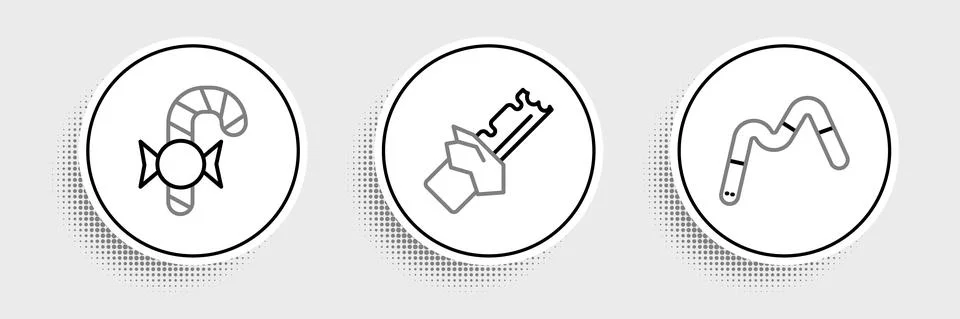 Set line Jelly worms candy, Christmas cane and Bitten chocolate bar icon. Vector Stock Illustration
