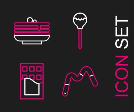 Set line Jelly worms candy, Chocolate bar, Lollipop and Stack of pancakes ico 스톡 일러스트