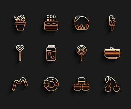 Set line Jelly worms candy, Donut, Ice cream in bowl, Macaron cookie, Cherry Stock Illustration