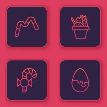 Set line Jelly worms candy, Christmas cane, Ice cream in bowl and Chocolate egg Stock Illustration