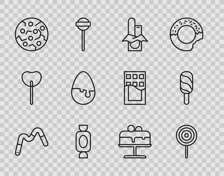 Set line Jelly worms candy, Lollipop, Chocolate bar, Candy, Cookie biscuit,.. Stock Illustration