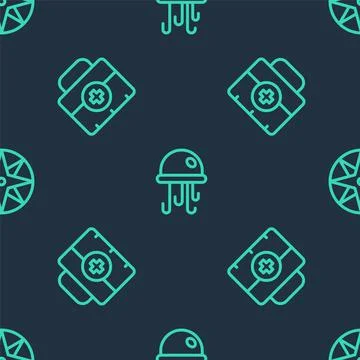 Set line Jellyfish, First aid kit and Wind rose on seamless pattern. Vector Stock Illustration