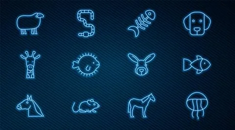 Set line Jellyfish, Fish, skeleton, Puffer, Giraffe head, Sheep, Rabbit and.. Stock Illustration