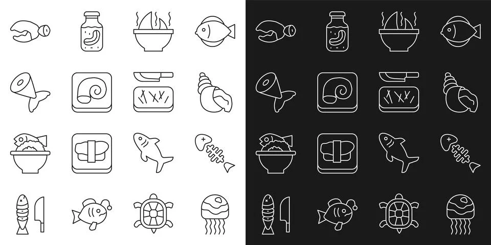 Set line Jellyfish, Fish skeleton, Scallop sea shell, Shark fin soup, Octop.. Illustrazione stock