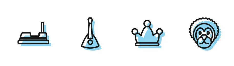 Set line Jester hat with bells, Bumper car, Balalaika and Wild lion icon. Vector Illustrazione stock