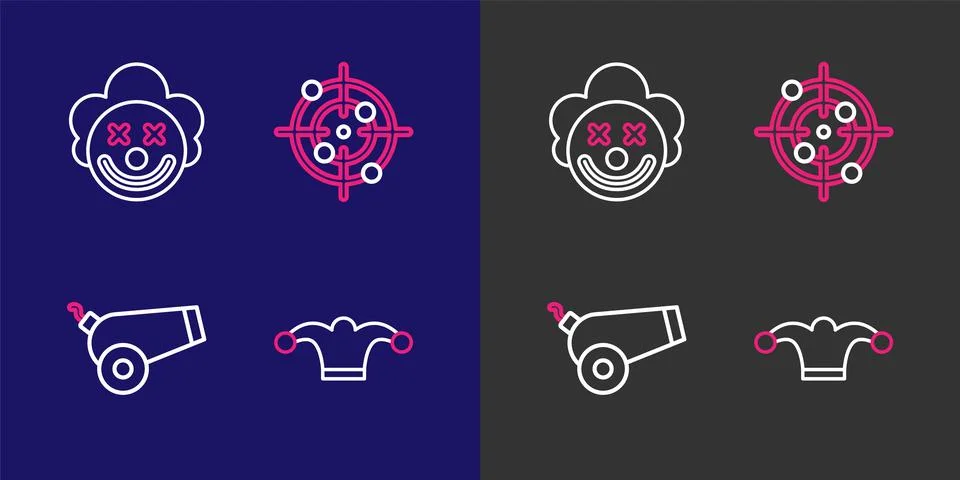 Set line Jester hat with bells, Cannon, Target sport and Clown head icon. V.. Stock Illustration