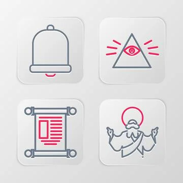 Set line Jesus Christ, Decree, paper, parchment, scroll, Masons and Church bell Stock Illustration