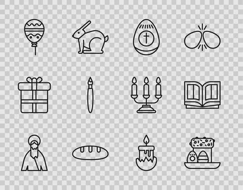 Set line Jesus Christ, Easter cake and eggs, Bread loaf, Balloons with ribbon Illustrazione stock