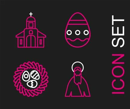 Set line Jesus Christ, Easter egg in a wicker nest,  and Church building ic.. Stock Illustration