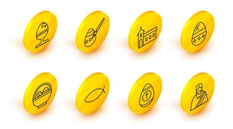 Set line Jesus Christ, Easter egg, Christian fish, Basket with easter eggs,.. Stock Illustration