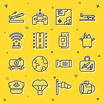 Set line Jet engine turbine, Suitcase, Trolley for food, World travel map, .. 스톡 일러스트