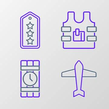 Set line Jet fighter, Dynamite and timer clock, Bulletproof vest and Milita.. 스톡 일러스트