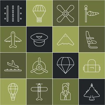 Set line Jet fighter, Suitcase, Airplane seat, Plane propeller, Pilot hat Illustrazione stock