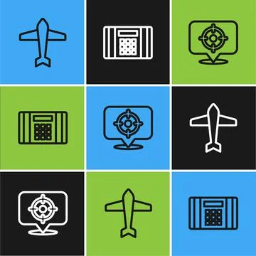 Set line Jet fighter, Target sport and Dynamite bomb icon. Vector Stock Illustration
