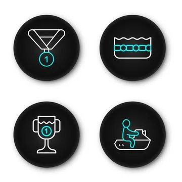 Set line Jet ski, Award cup, Swimming pool and Medal icon. Vector Stock Illustration
