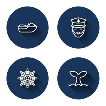 Set line Jet ski, Captain of ship, Ship steering wheel and Whale tail with long Illustrazione stock