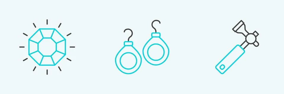 Set line Jewelers lupe, Diamond and Earrings icon. Vector Stock Illustration