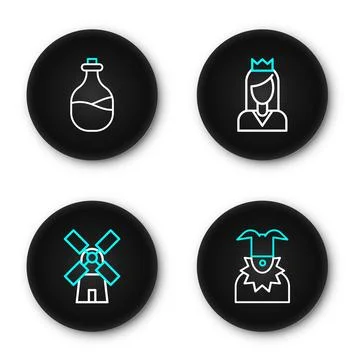 Set line Joker head, Windmill, Princess and Old bottle of wine icon. Vector Stock Illustration