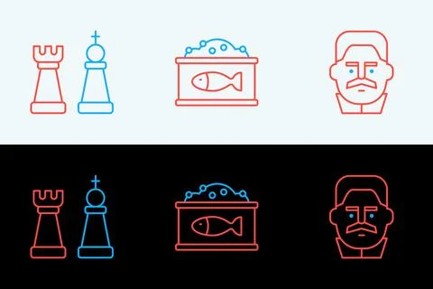 Set line Joseph Stalin, Chess and Tin can with caviar icon. Vector Stock Illustration