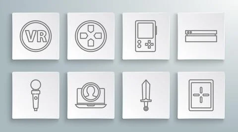 Set line Joystick for arcade machine, Gamepad, Create account screen, Sword game Illustrazione stock