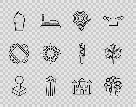 Set line Joystick for arcade machine, Ferris wheel, Classic dart board and arrow Stock Illustration