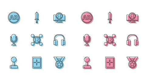 Set line Joystick for arcade machine, Tablet, Ar, augmented reality, Medal Stock Illustration