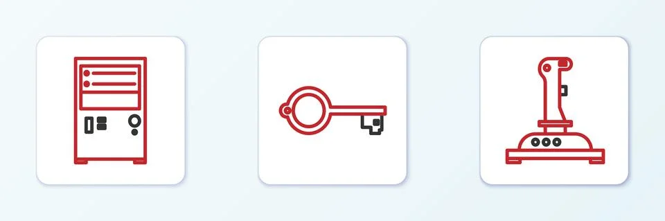 Set line Joystick for arcade machine, Computer and Ancient key game icon. Vector Stock Illustration