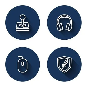 Set line Joystick for arcade machine, Headphones, Computer mouse and Sword game Stock Illustration