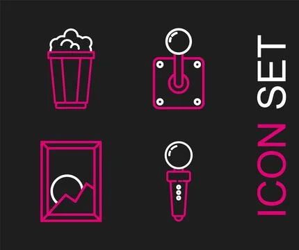 Set line Joystick for arcade machine, Picture landscape, and Popcorn cardboard Stock Illustration